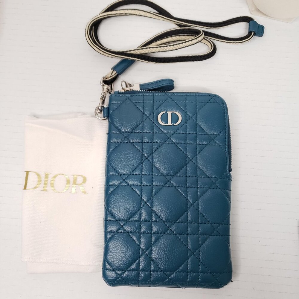 Authentic Dior Caro Phone Holder Cannage Leather CD ZipCrossbody Wallet On Strap